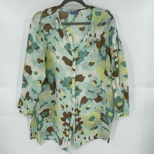 Provence D’amour Shirt Women Large Multicolor Floral Linen Long Sleeve Button-Up